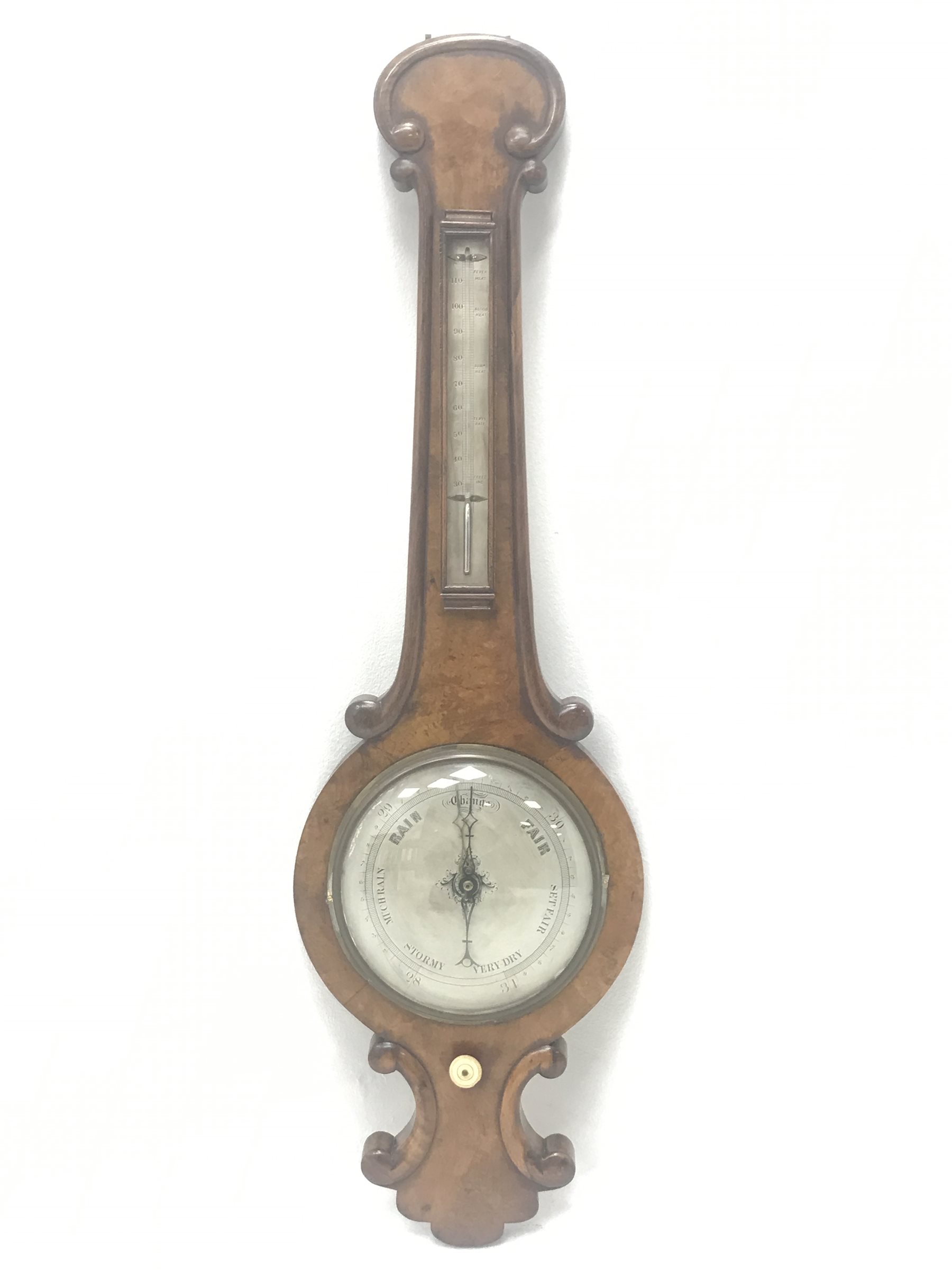 Victorian figured walnut mercury barometer, with mercury thermometer and circular engraved silvered - Image 3 of 4