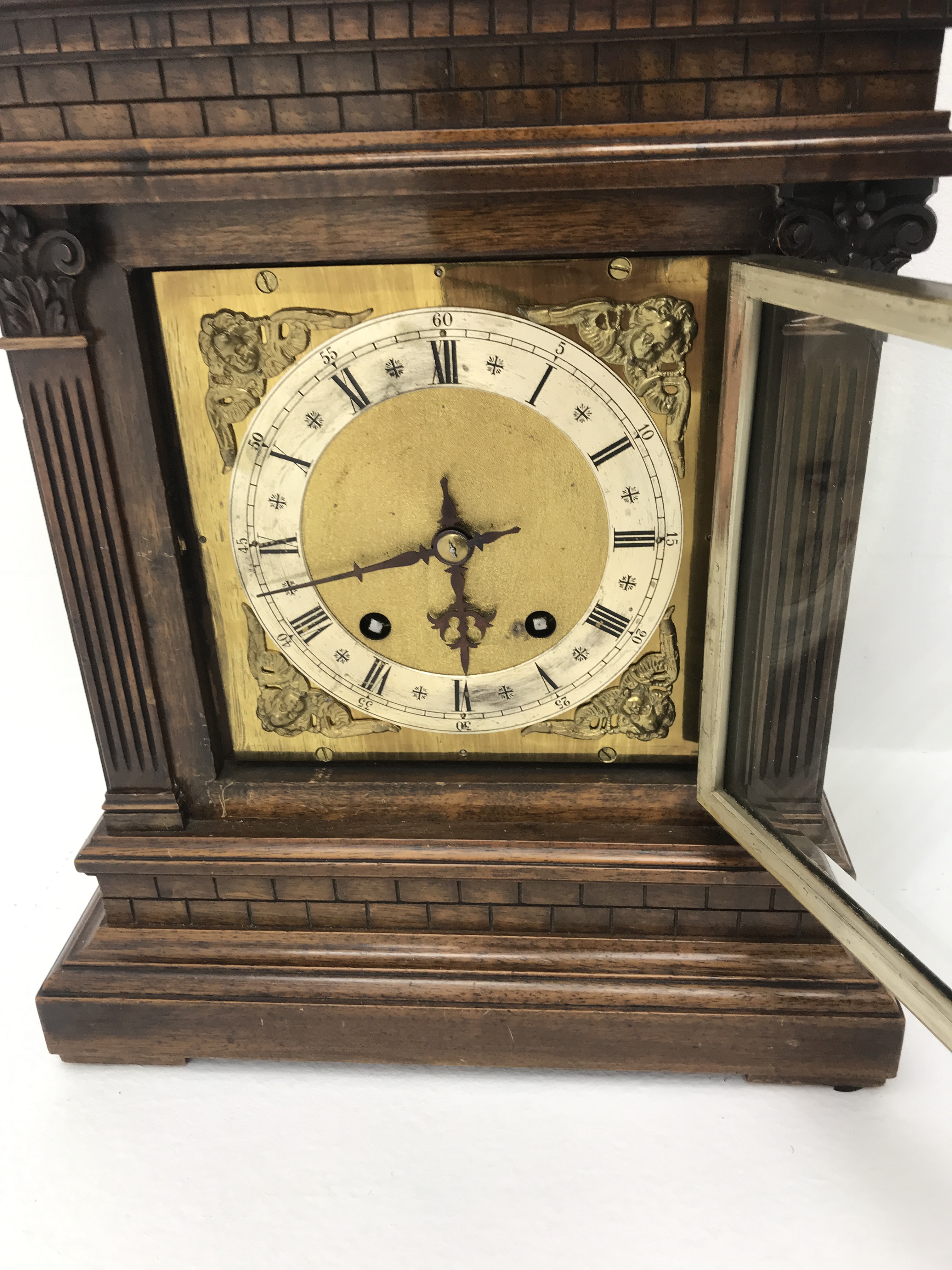 Late 19th century walnut architectural cased bracket clock, square brass dial with silvered Roman ch - Image 6 of 6