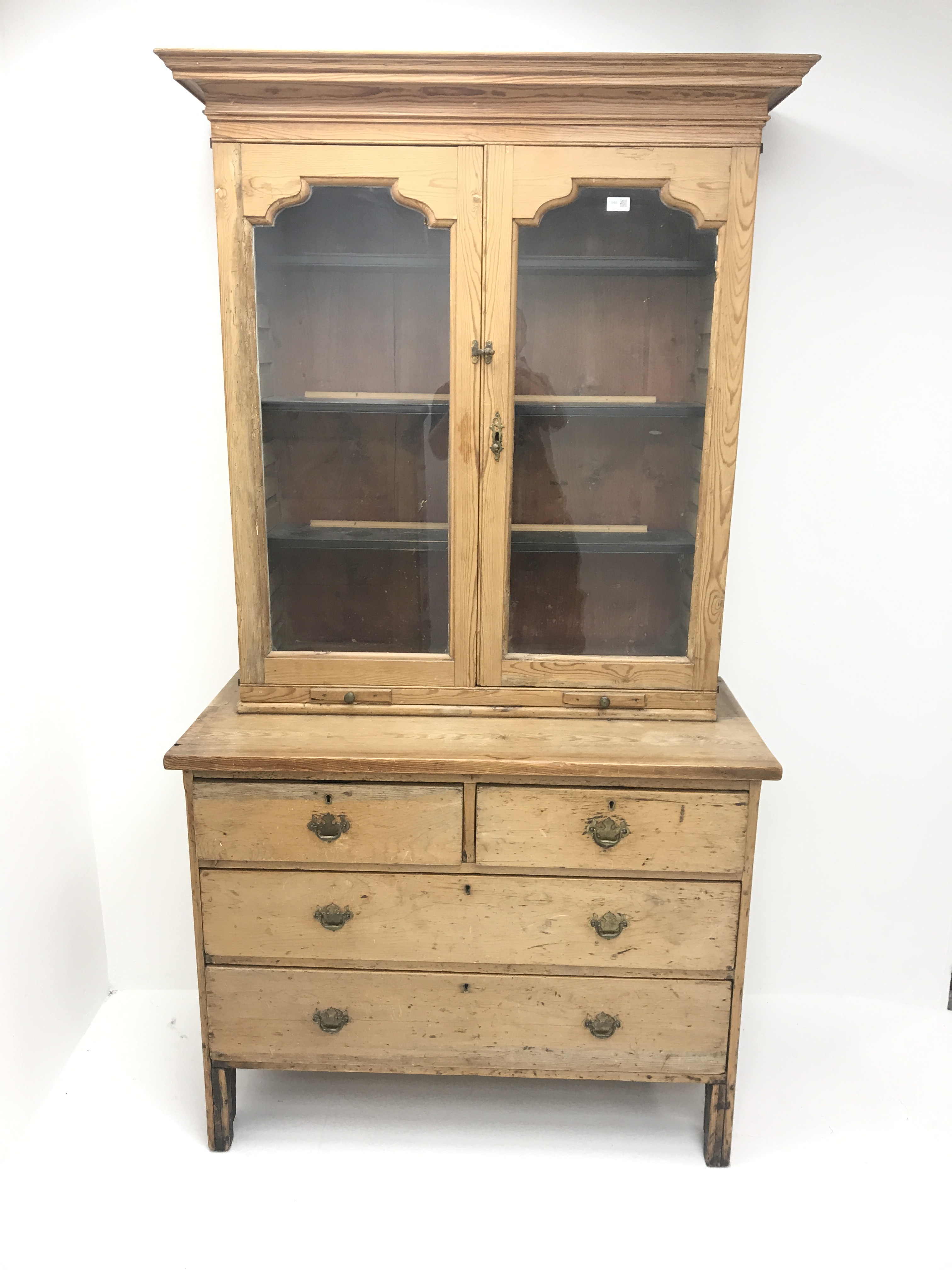 19th century pine cabinet on chest, projecting cornice, two doors enclosing three adjustable shelves - Image 6 of 8