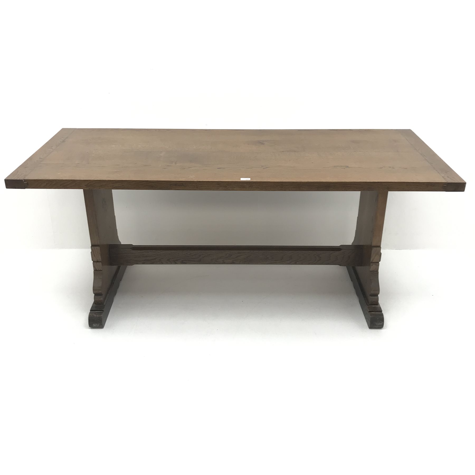 20th century oak refectory table, shaped solid end supports joined by single undertier, sledge feet, - Image 3 of 8