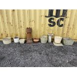 Crown top chimney pot, seven various planters and a composite stone bird bath