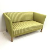 Mid century oak framed two seat settee upholstered in chartreuse striped fabric, square supports, W1