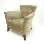 Tub style armchair upholstered in a patterned beige fabric, shaped supports, W86cm