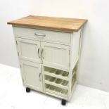 Painted pine kitchen trolley, single drawer above three cupboard and nine bottle wine rack, W67cm, H