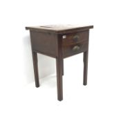 19th century marquetry topped folding mahogany games table, two drawers, square supports, W55cm, H74