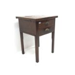 19th century marquetry topped folding mahogany games table, two drawers, square supports, W55cm, H74