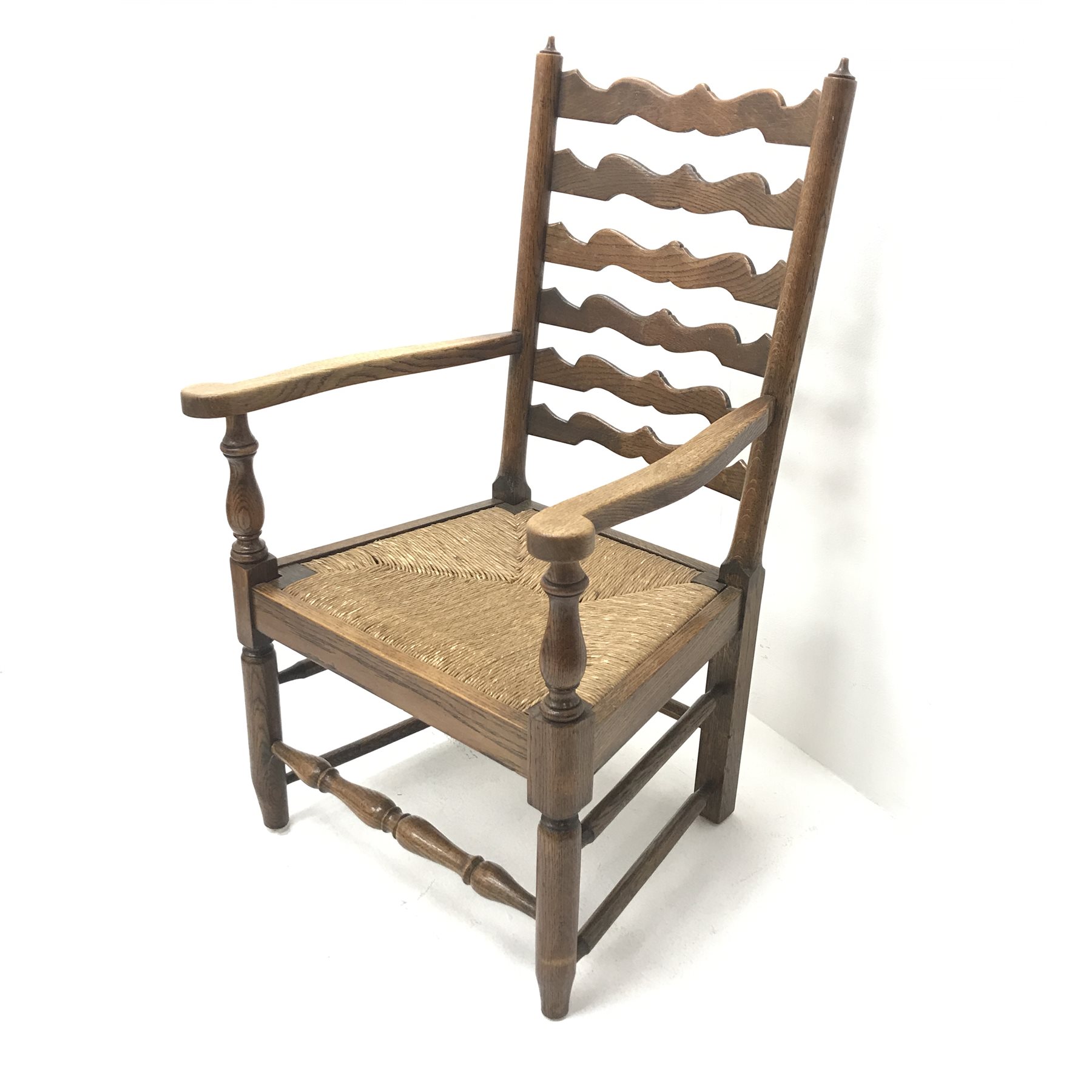 Early 20th century oak fireside armchair, shaped ladder back, reeded drop in seat, turned supports j - Image 2 of 6