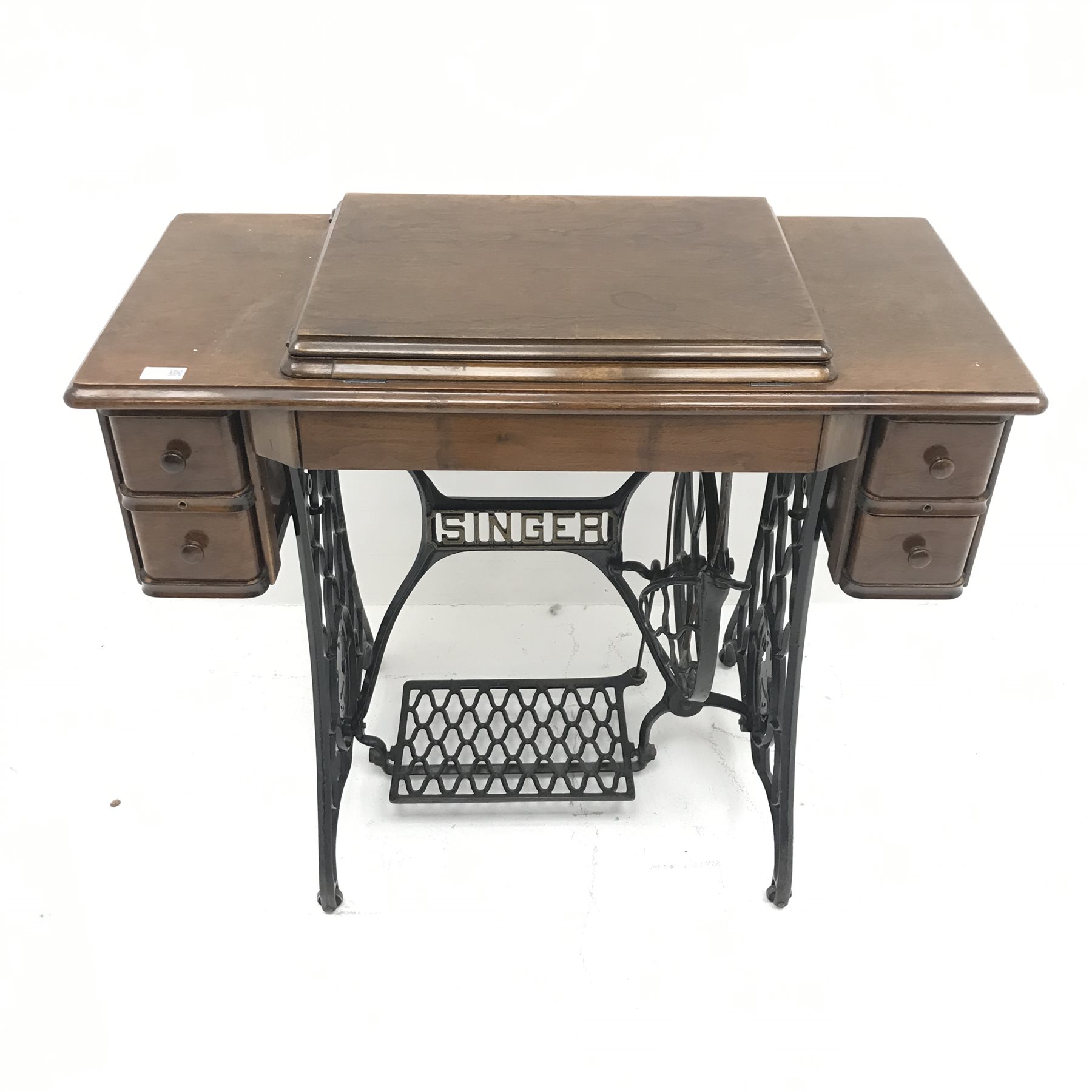 Singer Treadle sewing machine, four drawers, wrought iron base, W91cm, H77cm, D44cm - Image 3 of 10