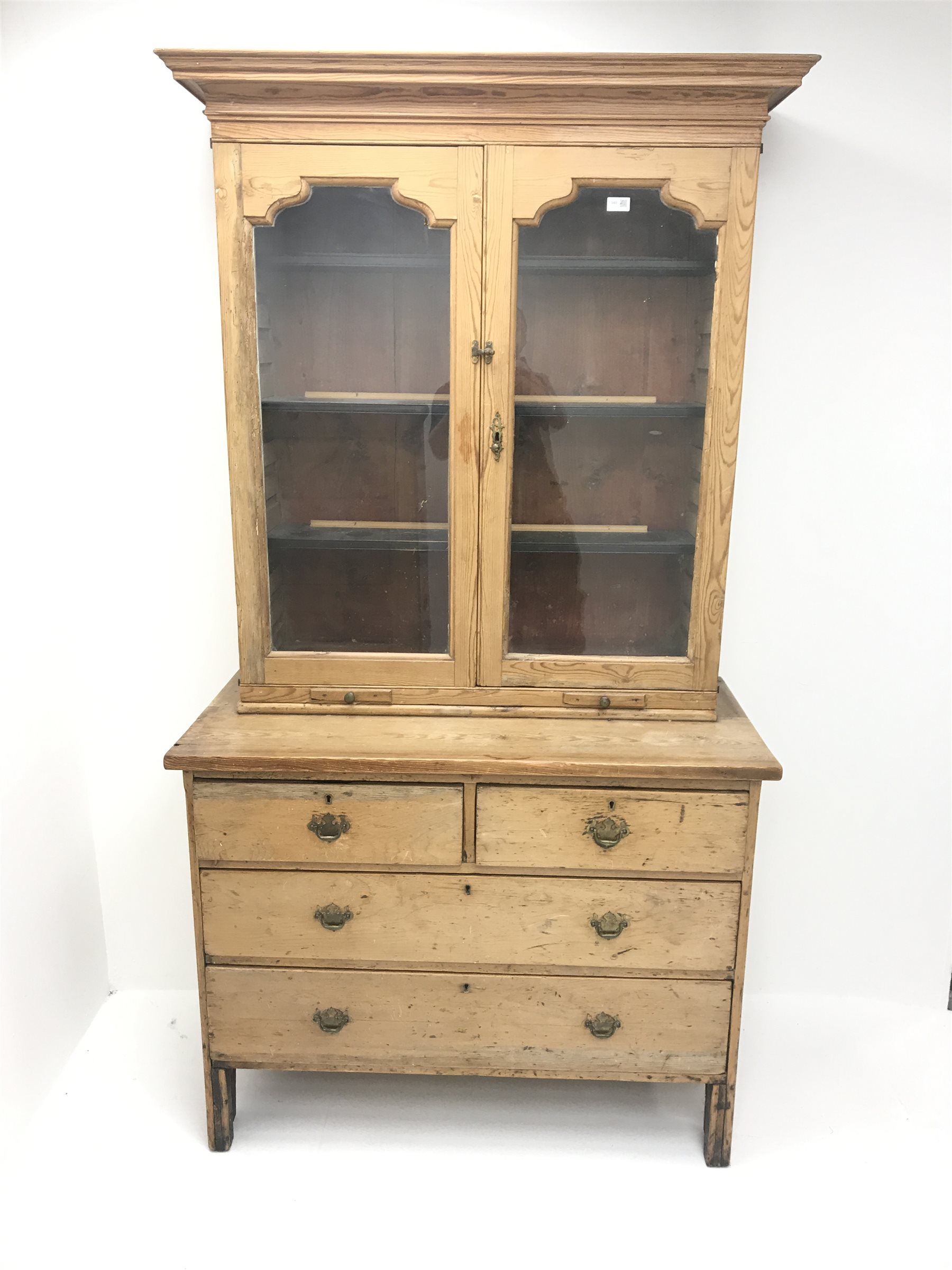 19th century pine cabinet on chest, projecting cornice, two doors enclosing three adjustable shelves - Image 3 of 8