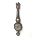 19th century rosewood five dial banjo barometer, silvered circular engraved dial, with painted detai