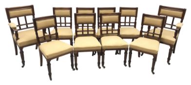 Set ten (8+2) late Victorian walnut dining chairs, moulded frames, upholstered seats and backs, the