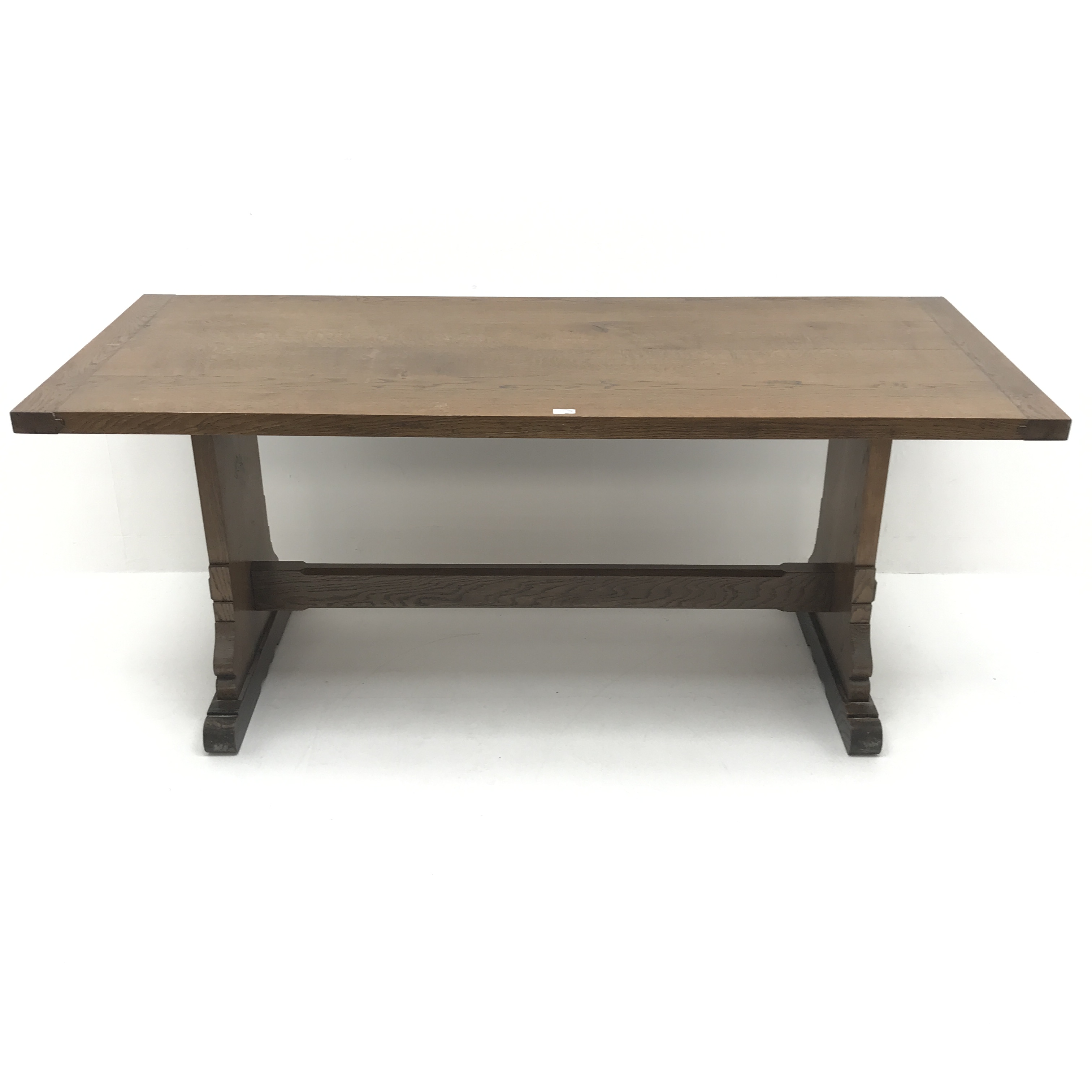 20th century oak refectory table, shaped solid end supports joined by single undertier, sledge feet, - Image 6 of 8