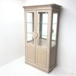 French style limed oak finish display cabinet, two doors enclosing two glazed shelves, with illumina