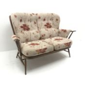 Ercol Golden Dawn elm two seat Windsor sofa with fitted cushions, W144cm
