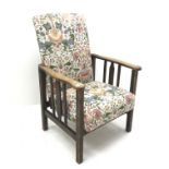 Vintage oak framed reclining armchair, upholstered in a floral patterned fabric, square supports, W6