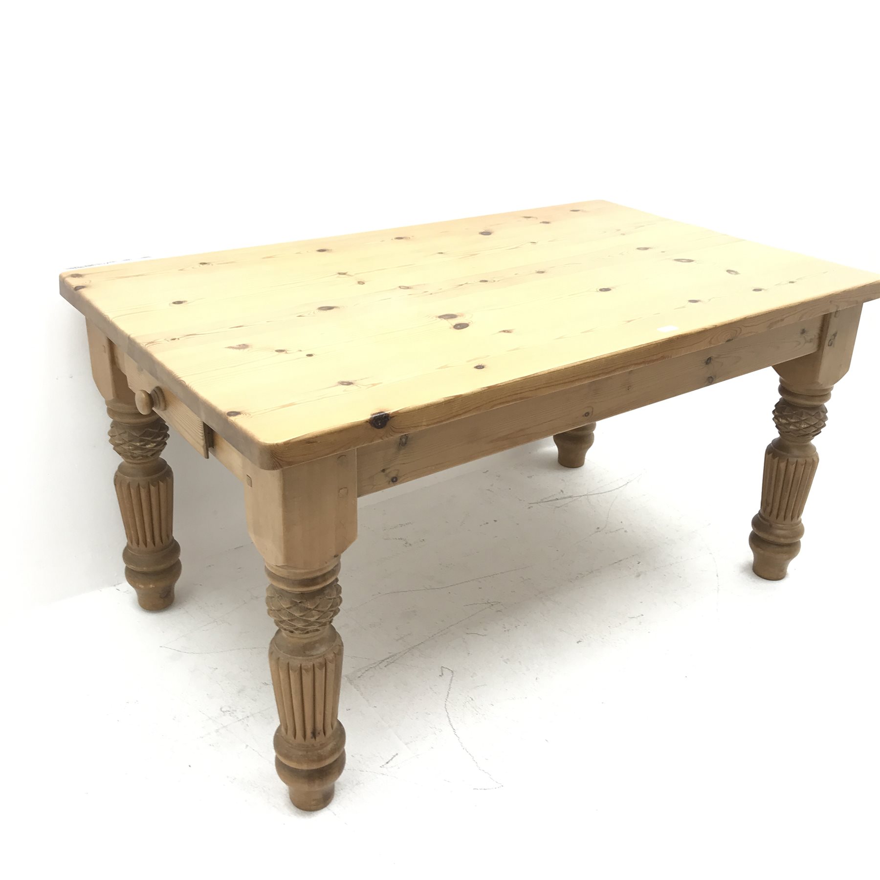 Solid pine table, turned tapering reeded supports (W153cm, H79cm, D91cm) and set five beech ladder b - Image 4 of 8