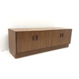 G-Plan teak low sideboard, four cupboards, platform base, W163cm, H54cm, D46cm