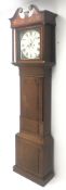 19th century oak and mahogany banded longcase clock, the hood with swan neck pediment, painted squar