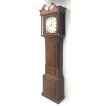 19th century oak and mahogany banded longcase clock, the hood with swan neck pediment, painted squar