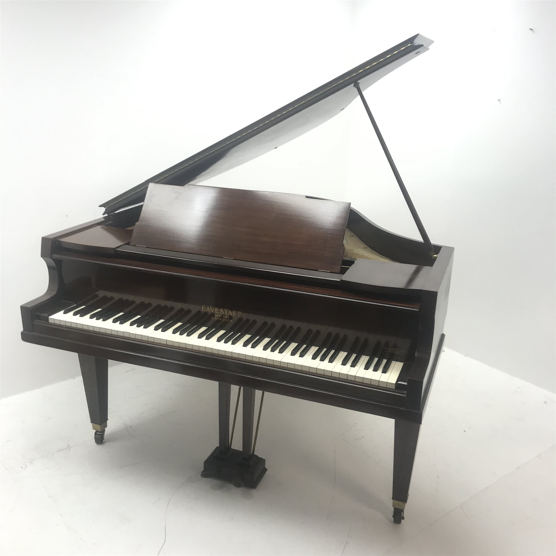 Evestaff London mahogany cased baby grand cast iron overstrung piano, W145cm, H147cm - Image 4 of 14