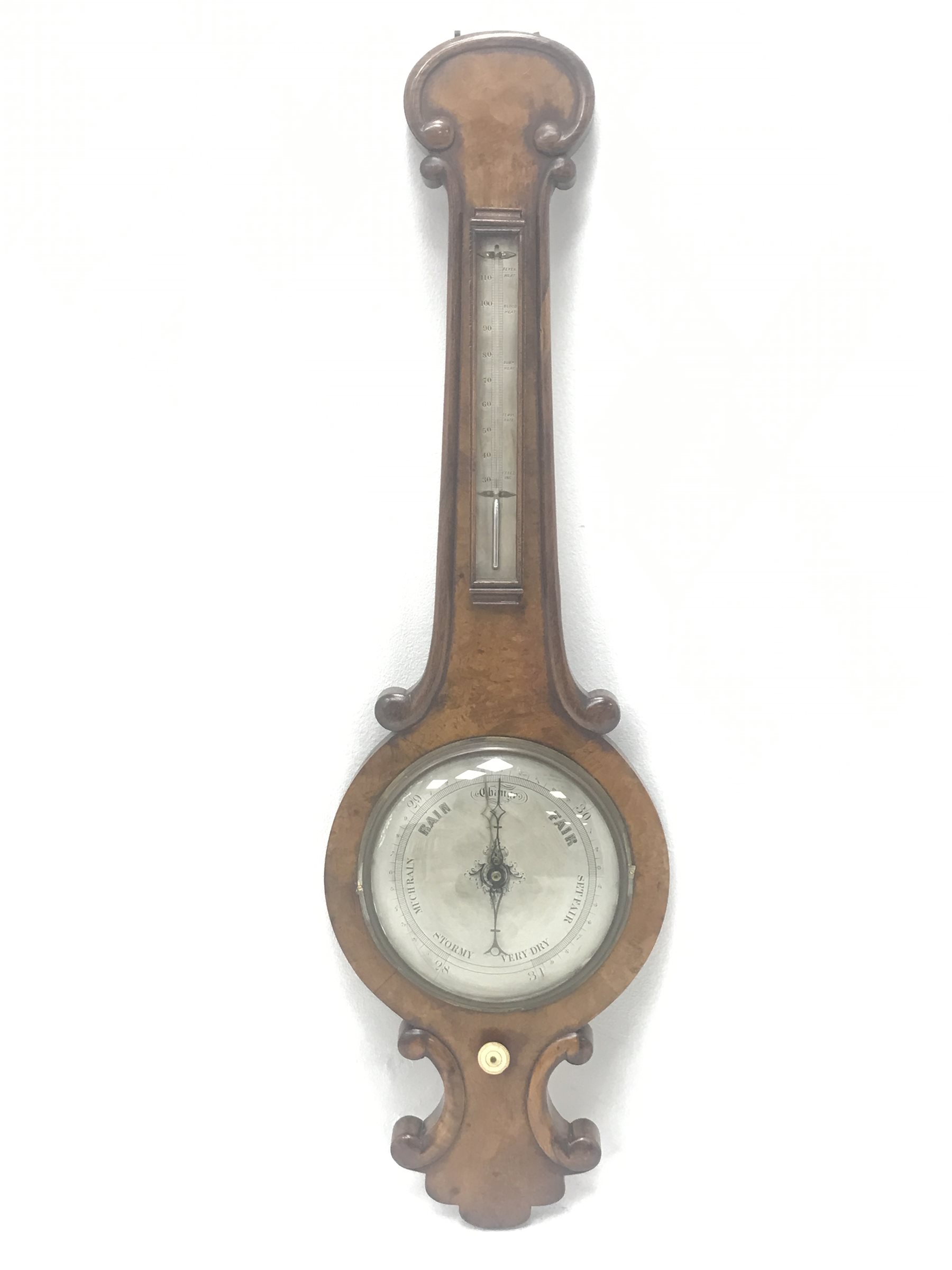 Victorian figured walnut mercury barometer, with mercury thermometer and circular engraved silvered - Image 2 of 4