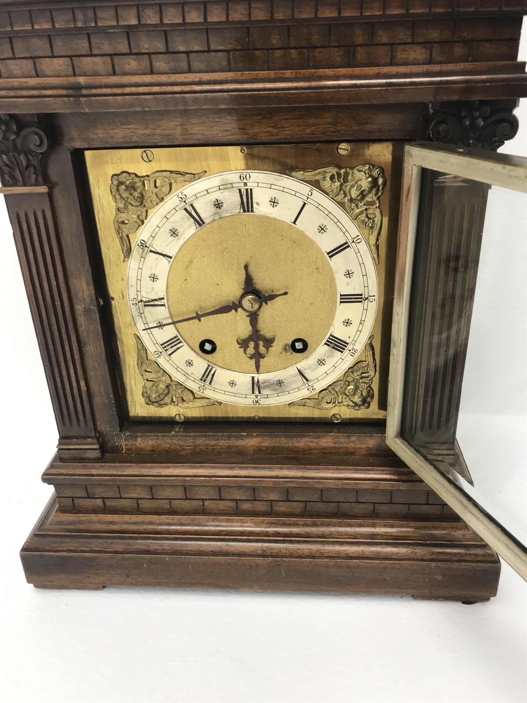 Late 19th century walnut architectural cased bracket clock, square brass dial with silvered Roman ch - Image 4 of 6