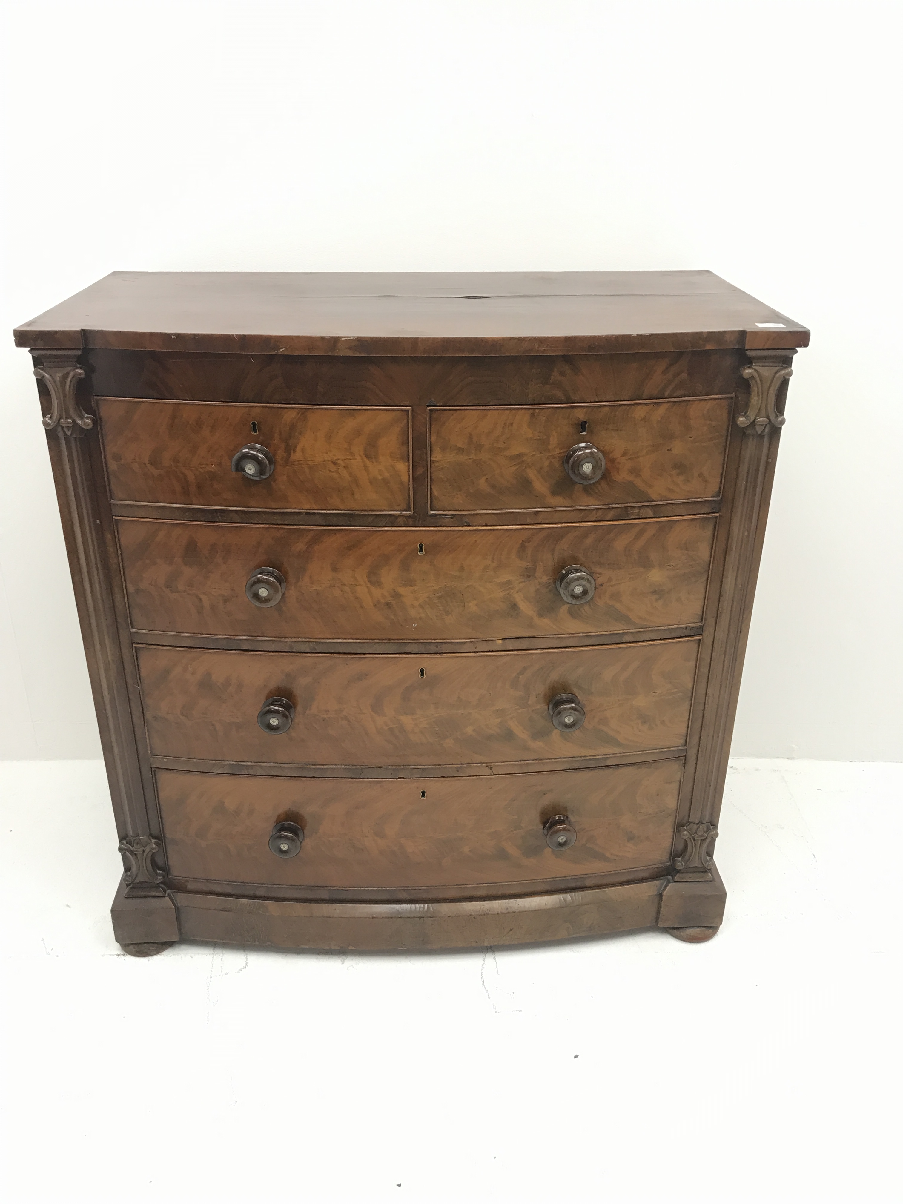 Victorian mahogany serpentine chest, two short and three long graduating drawers, bun feet, W111cm, - Image 9 of 14