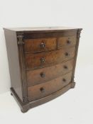 Victorian mahogany serpentine chest, two short and three long graduating drawers, bun feet, W111cm,