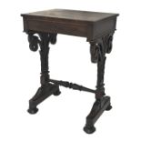 Regency rosewood work table, single frieze drawer on shaped and pierced scroll carved supports joine