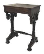 Regency rosewood work table, single frieze drawer on shaped and pierced scroll carved supports joine