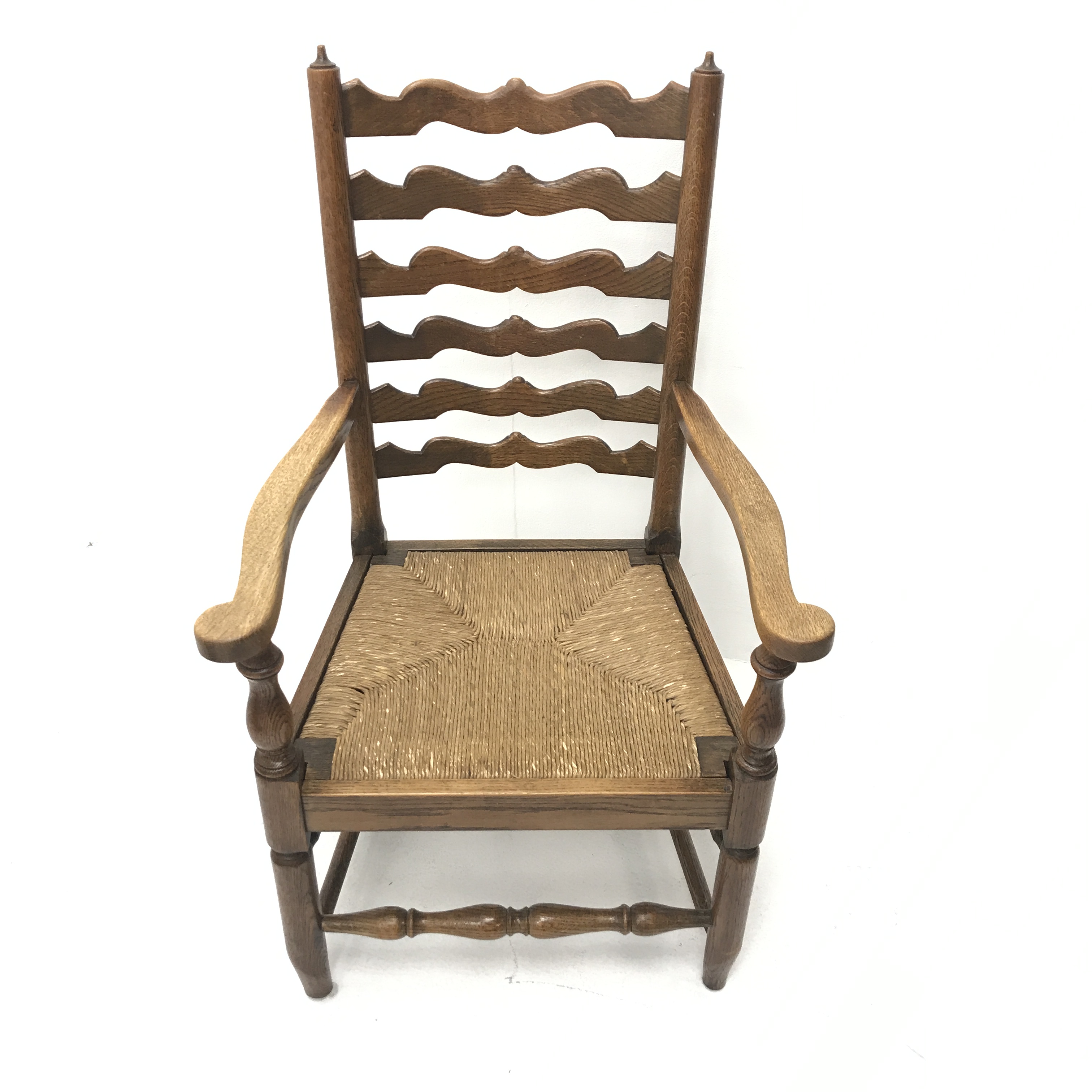Early 20th century oak fireside armchair, shaped ladder back, reeded drop in seat, turned supports j - Image 5 of 6