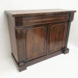 Victorian mahogany chiffonier, single drawer above two cupboards, plinth base, W120cm, H92cm, D47cm