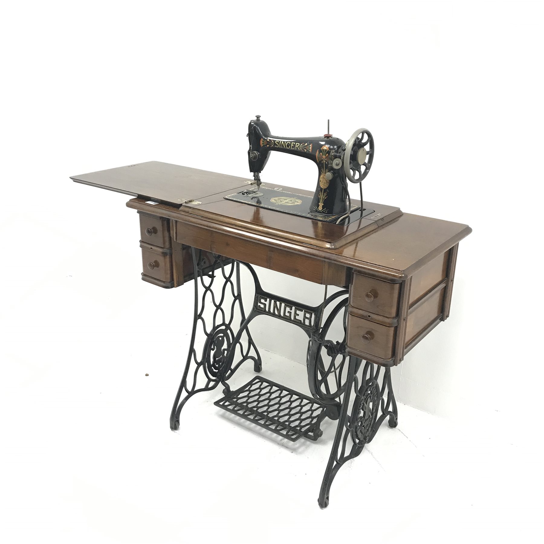 Singer Treadle sewing machine, four drawers, wrought iron base, W91cm, H77cm, D44cm - Image 5 of 10