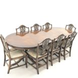 G T Rackstaw - Georgian style cross banded mahogany twin pedestal dining table, turned columns on br