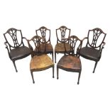 Set six early 20th century Sheraton revival dining chairs, shield shaped back with serpentine bead c