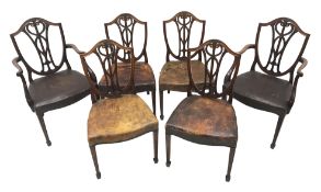 Set six early 20th century Sheraton revival dining chairs, shield shaped back with serpentine bead c