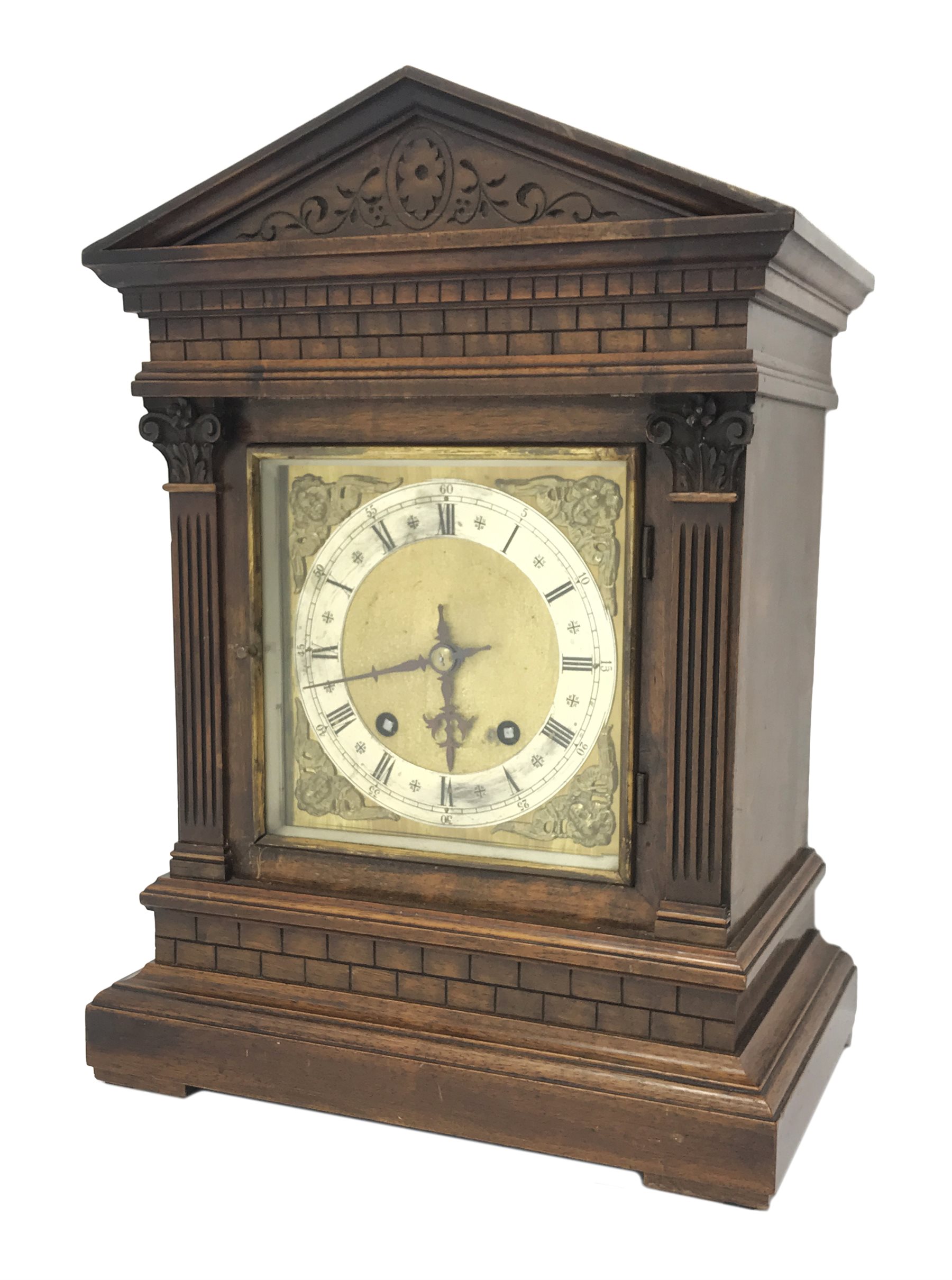 Late 19th century walnut architectural cased bracket clock, square brass dial with silvered Roman ch - Image 2 of 6