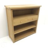 Light oak open bookcase storage unit, two shelves, two drawers, stile supports, W126cm, H128cm, D48c