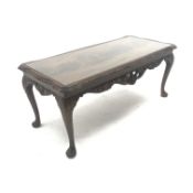 Mid century mahogany glass top coffee table, acanthus carved cabriole legs, pad feet, W107cm, H45cm,