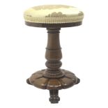 Victorian rosewood adjustable piano stool, circular revolving upholstered seat on turned column supp