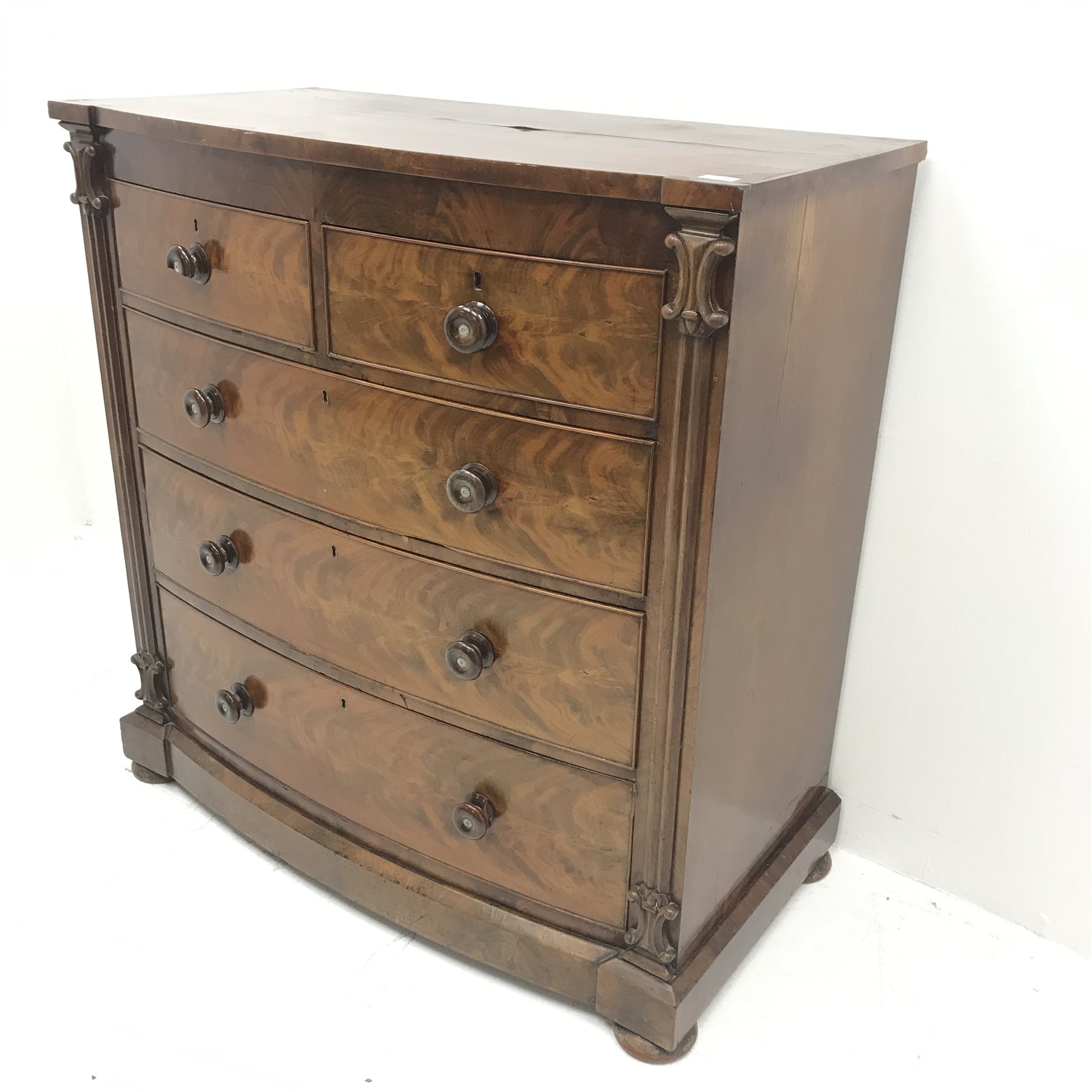 Victorian mahogany serpentine chest, two short and three long graduating drawers, bun feet, W111cm, - Image 4 of 14