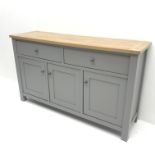 Next Malvern grey and oak sideboard, two drawers above three cupboards, stile supports, W138cm, H81c