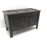 19th century carved oak blanket chest, hinged panelled lid, stile supports, W111cm, H68cm, D52cm