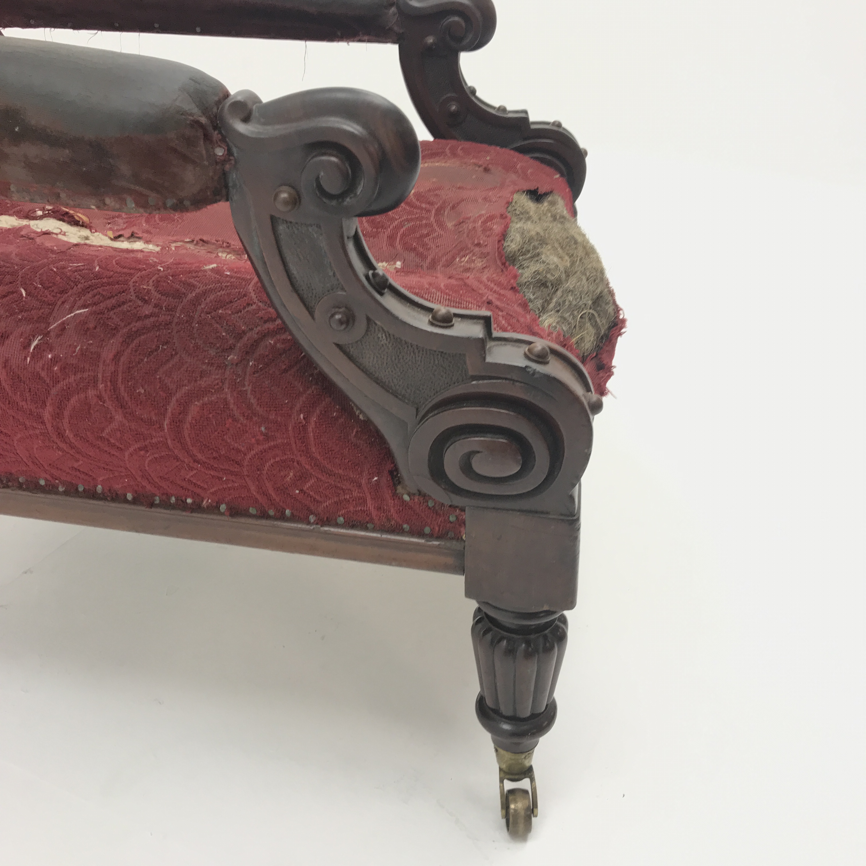 19th century mahogany framed library armchair, scrolled deep buttoned back and open arms on lobed t - Image 7 of 8