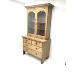 19th century pine cabinet on chest, projecting cornice, two doors enclosing three adjustable shelves