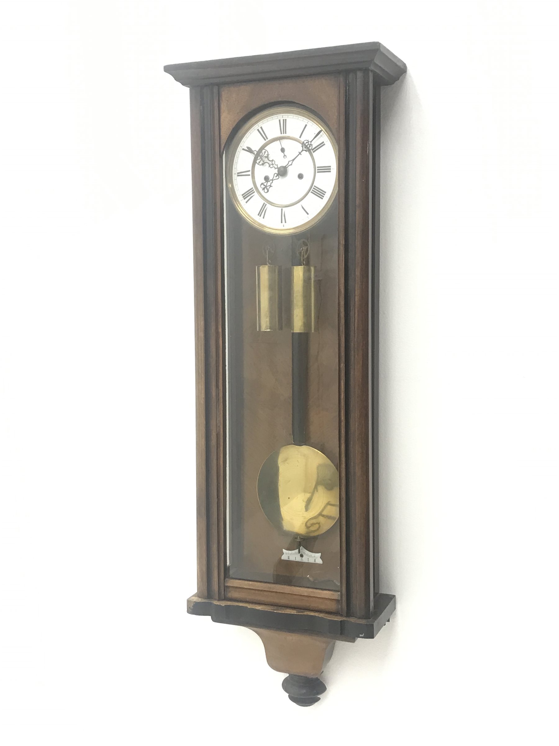 Late 19th century walnut and beech cased Vienna style wall clock, circular enamel Roman dial with su - Image 2 of 6
