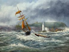 Robert Sheader (British 20th century): Masted Ship off Scarborough, oil on board signed 53cm x 71cm