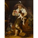 English School (19th century): Young Boy with Dog and Lobster, oil on glass indistinctly signed