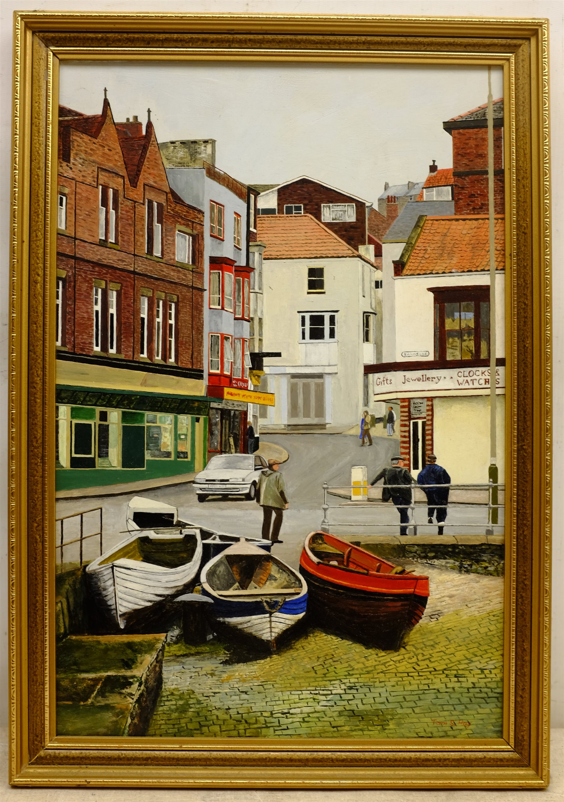 Tom S Hoy (British 20th century): 'Sandside' Scarborough, acrylic on board signed, titled verso 45cm - Image 2 of 2