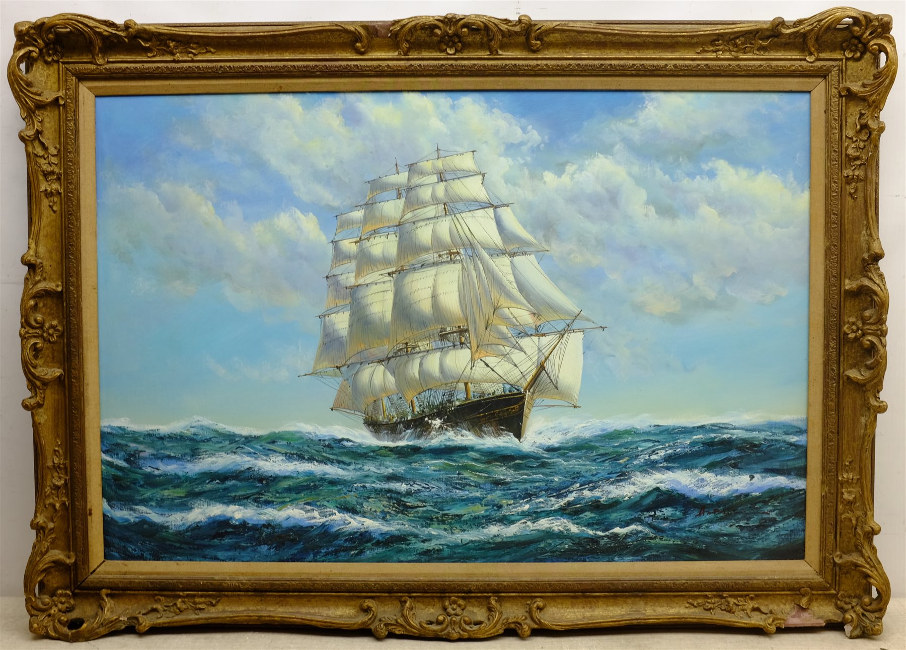 English School (20th/21st century): Clipper in Full Sail, oil on board indistinctly signed 60cm x 90 - Image 2 of 2